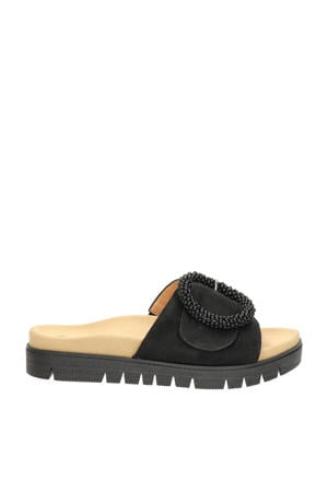 suède slippers zwart
