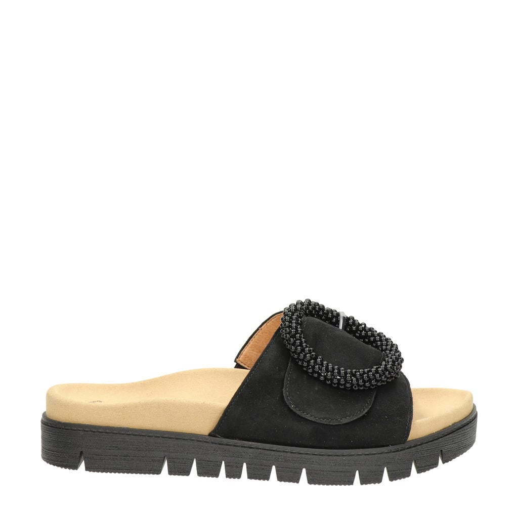 Zwarte dames Gabor suède slippers met klittenband