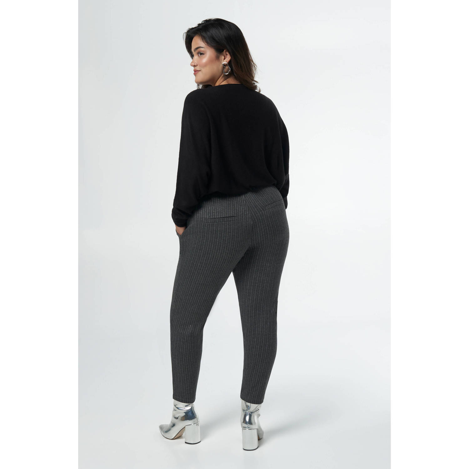 MS Mode straight fit broek met krijtstreep grijs