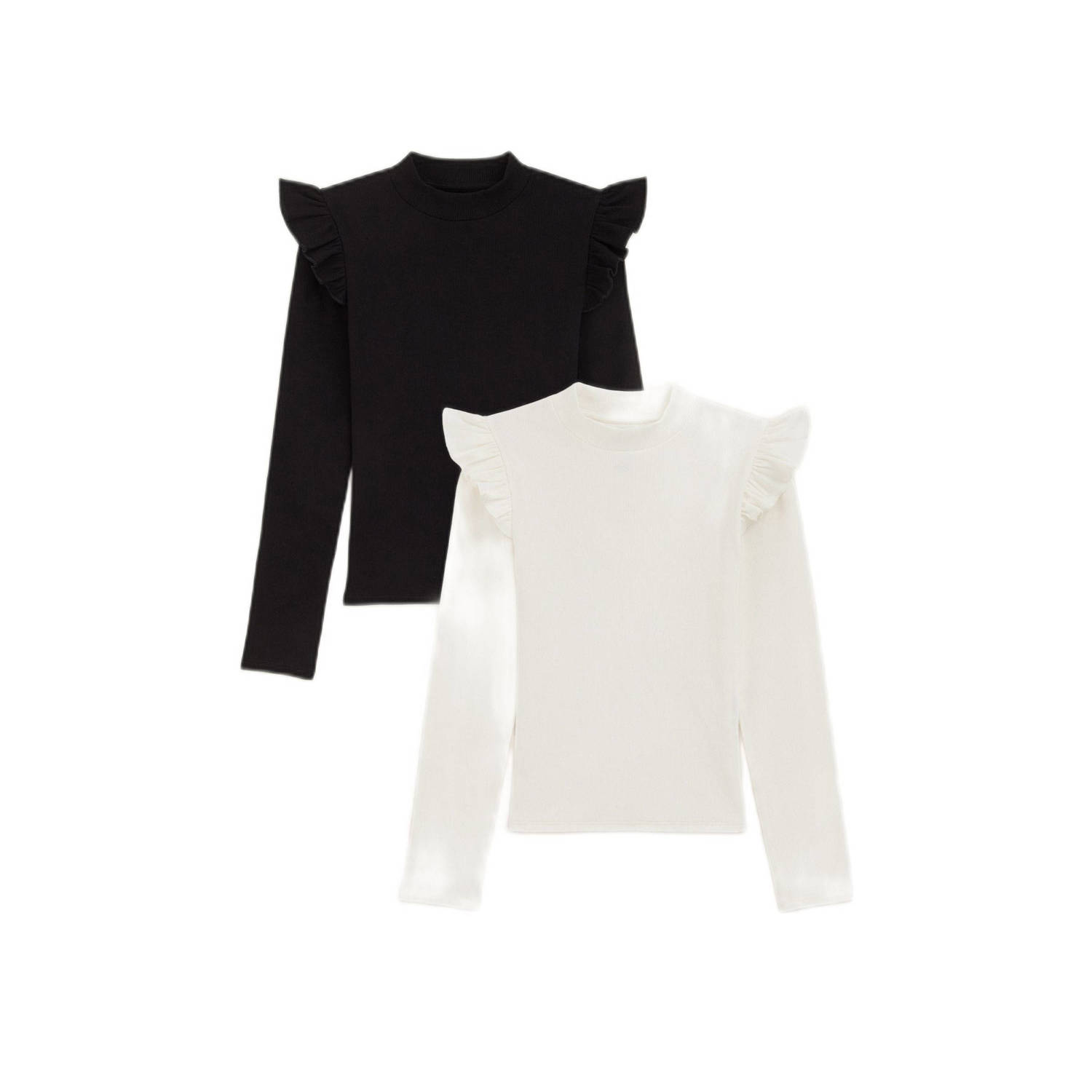 WE Fashion longsleeve met ruches set van 2 zwart wit