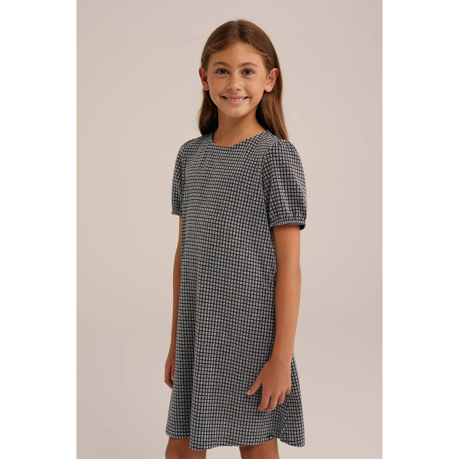 WE Fashion jurk met all over print en glitters zwart zilver