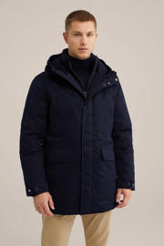 thumbnail: Donkerblauwe heren WE Fashion gewatteerde winterjas van katoen met effen, lange mouwen, capuchon en rits- en knoopsluiting