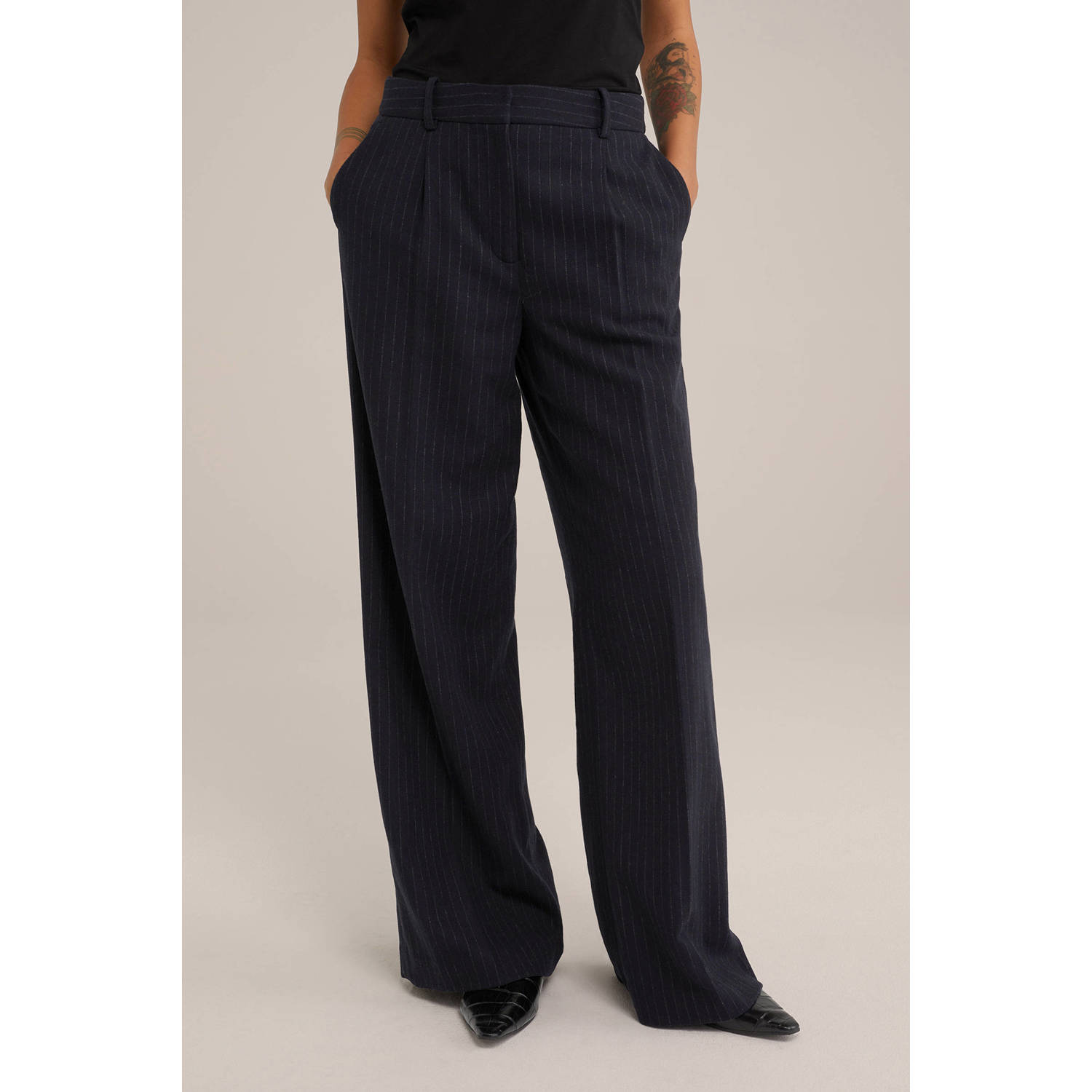 WE Fashion WE STUDIO wide leg broek met krijtstreep marine