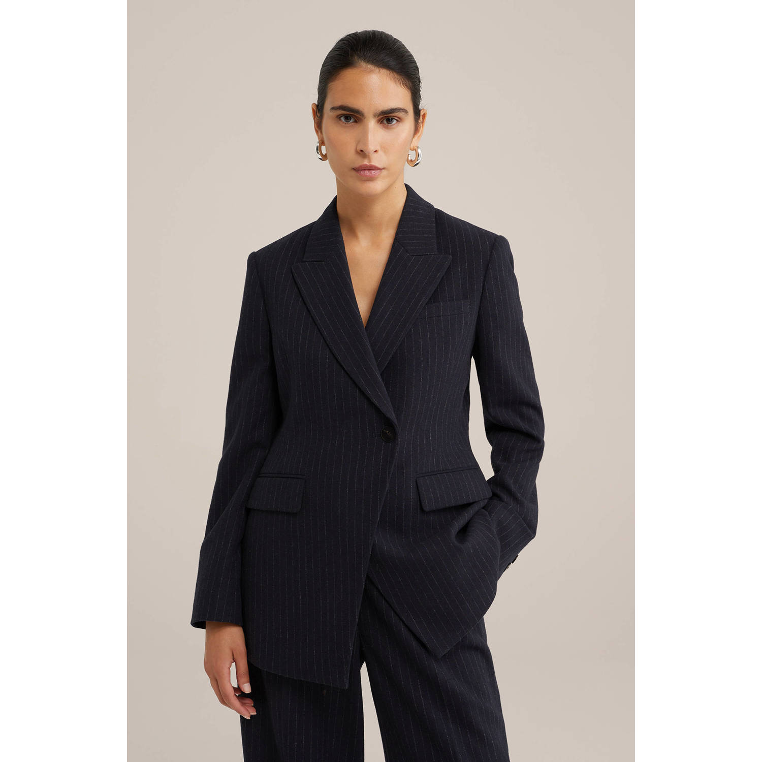 WE Fashion WE STUDIO rechtvallende blazer met wol en krijtstreep donkerblauw
