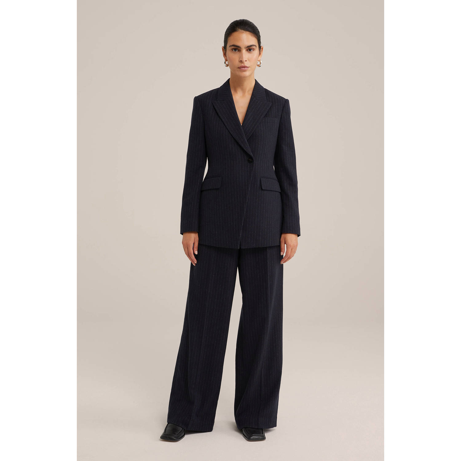 WE Fashion WE STUDIO rechtvallende blazer met wol en krijtstreep donkerblauw