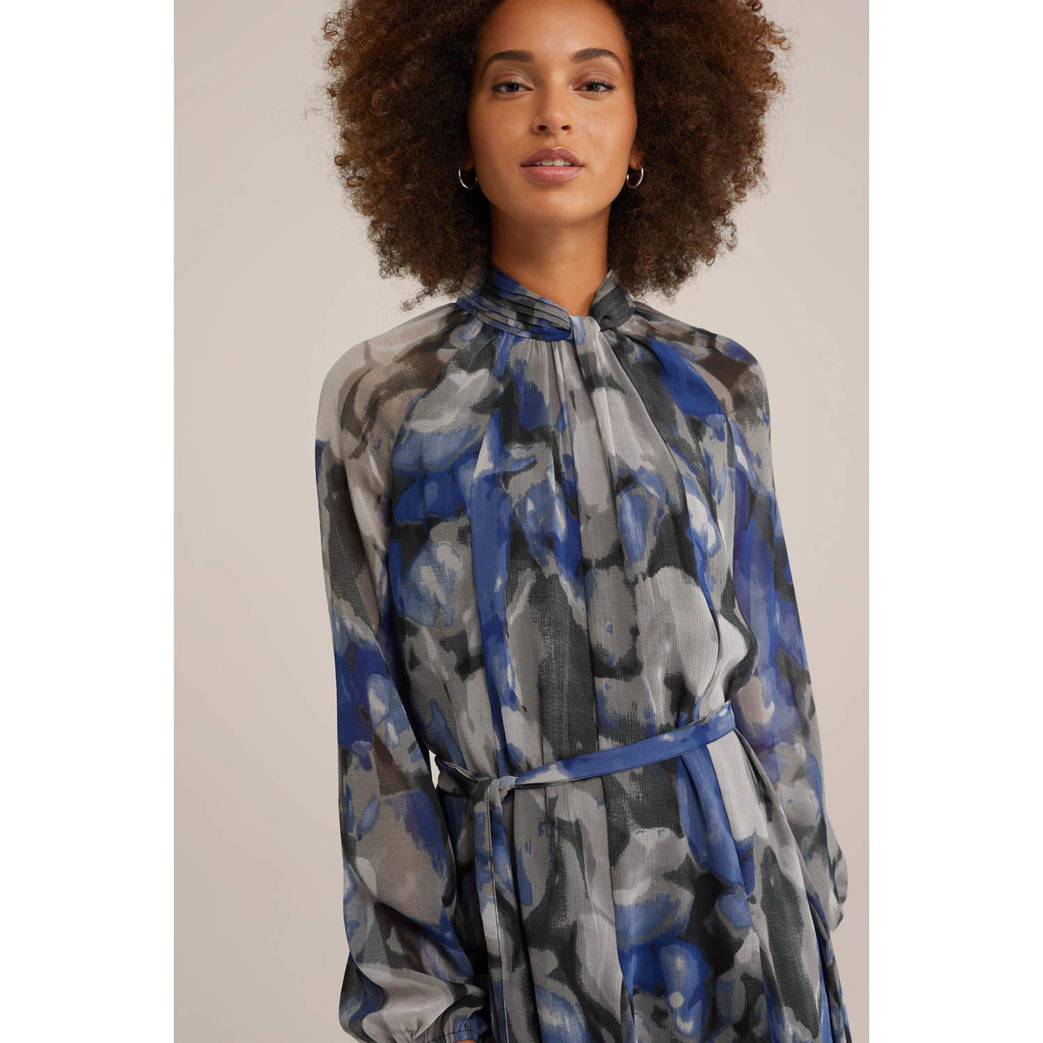 WE Fashion blousejurk met all over print en ceintuur blauw grijs zwart