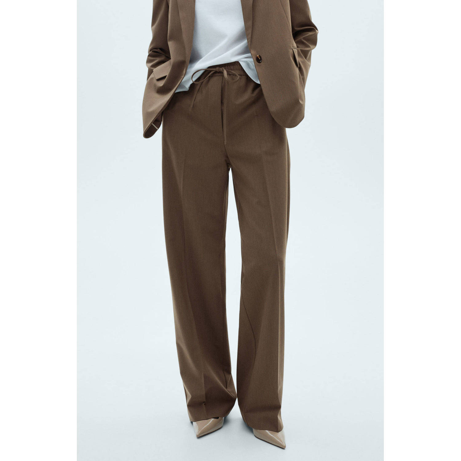 Mango wide leg pantalon met pied-de-poule bruin
