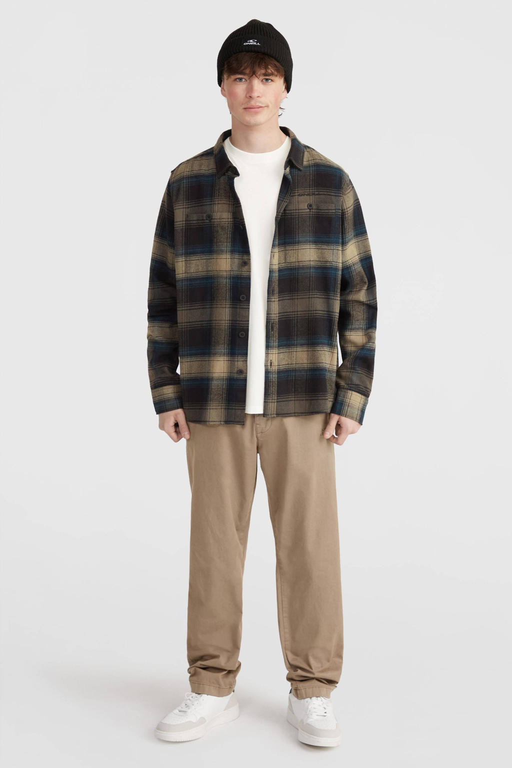 Bruine heren O'Neill geruit flanellen overshirt met lange mouwen, klassieke kraag en knoopsluiting