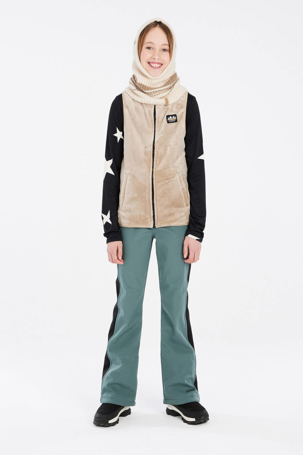 Beige meisjes Protest bodywarmer PRTZELDA JR van polyester met effen, opstaande kraag en ritssluiting