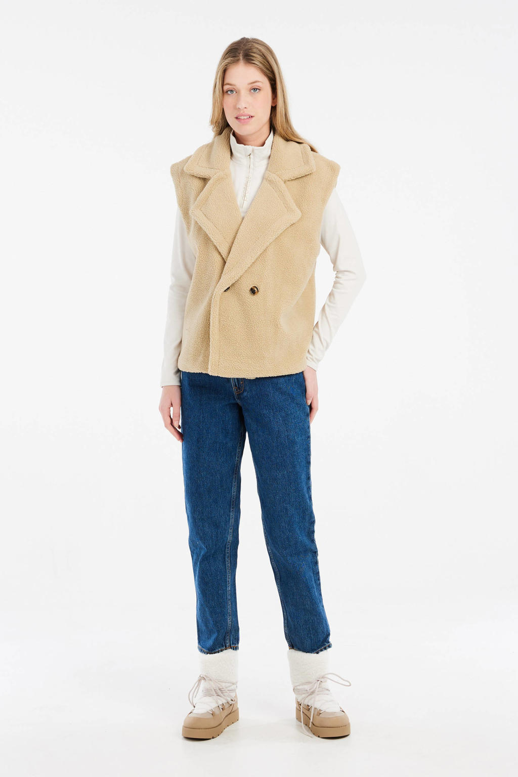 Beige dames Protest bodywarmer van polyester met effen, klassieke kraag en knoopsluiting