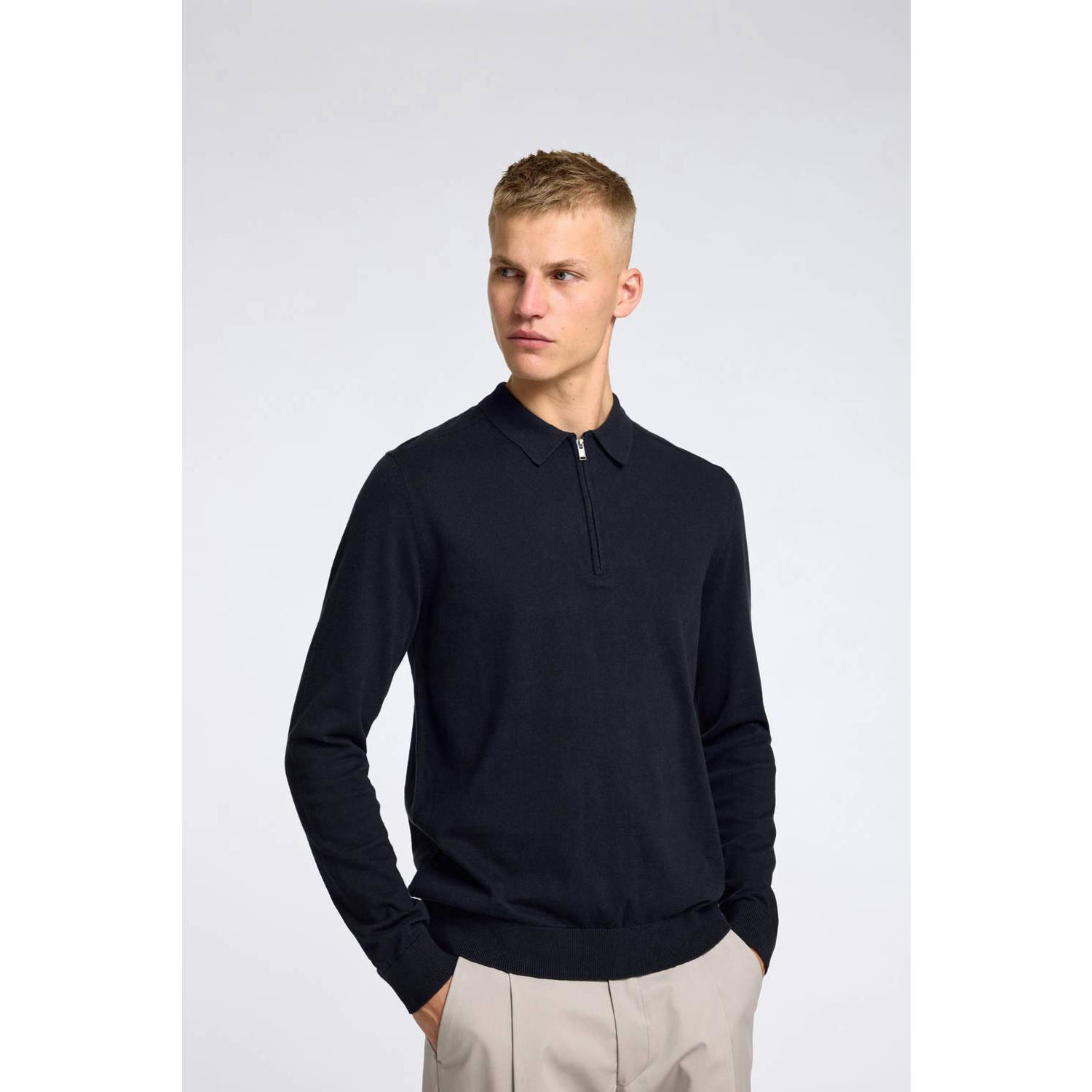 SELECTED HOMME Heren Polo's & T-shirts Slhberg Ls Half Zip Polo Donkerblauw