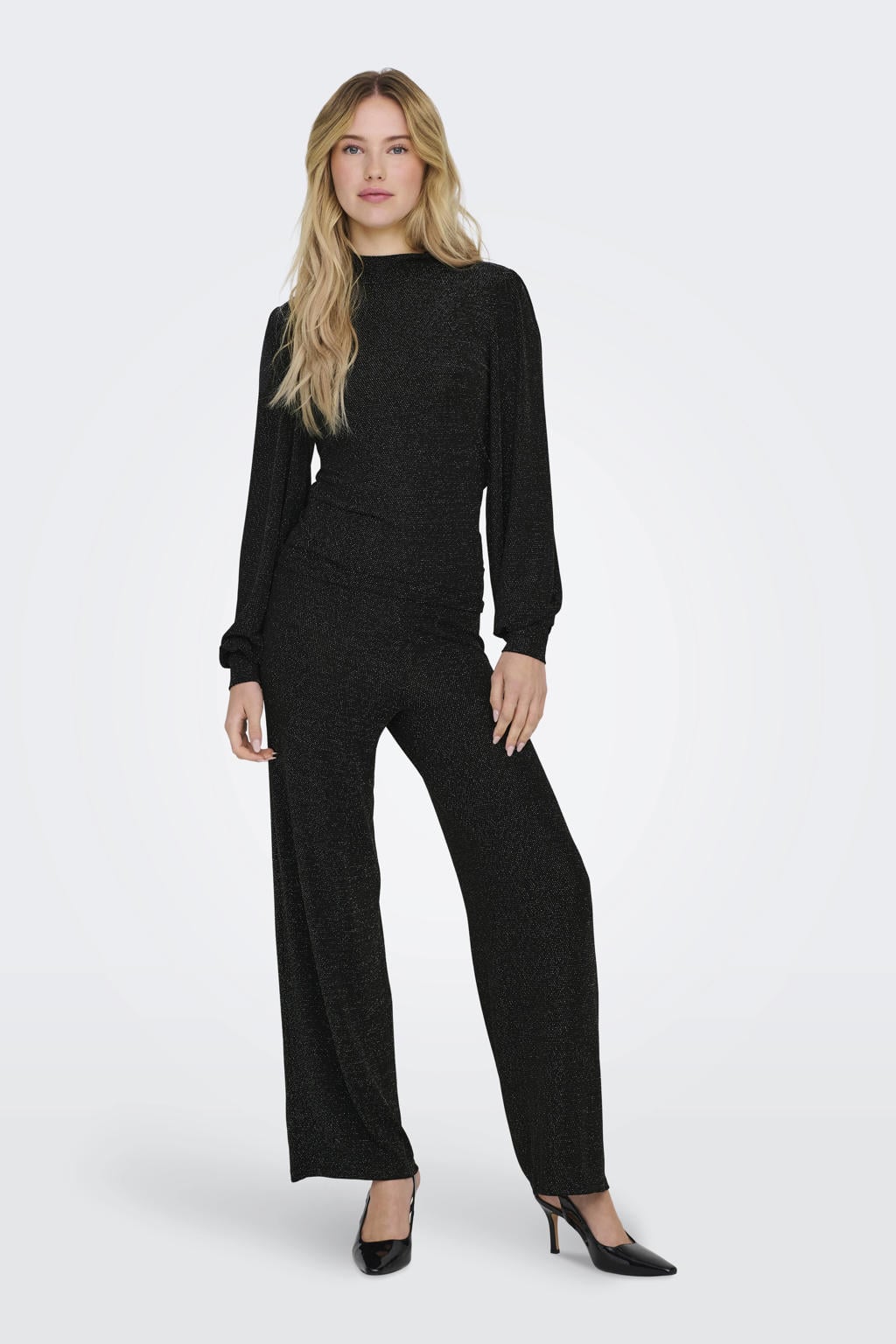 Zwarte dames ONLY top van viscose met effen, lange mouwen, col en glitters