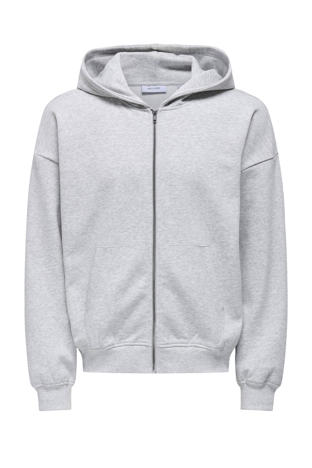 Lichtgrijze heren ONLY & SONS sweatvest van polyester-katoen met effen, lange mouwen, capuchon en ritssluiting