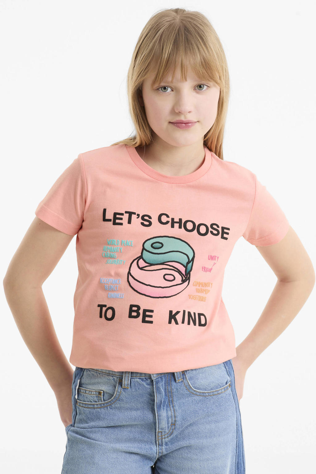 Koraalrode meisjes Me & My Monkey T-shirt van katoen met printopdruk, korte mouwen en ronde hals