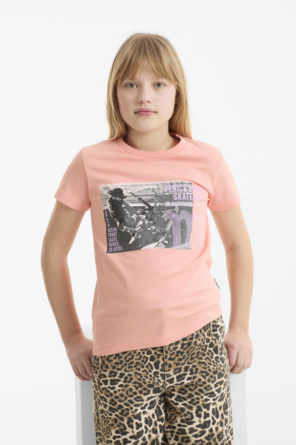 Roze meisjes Me & My Monkey T-shirt van katoen met printopdruk, korte mouwen en ronde hals