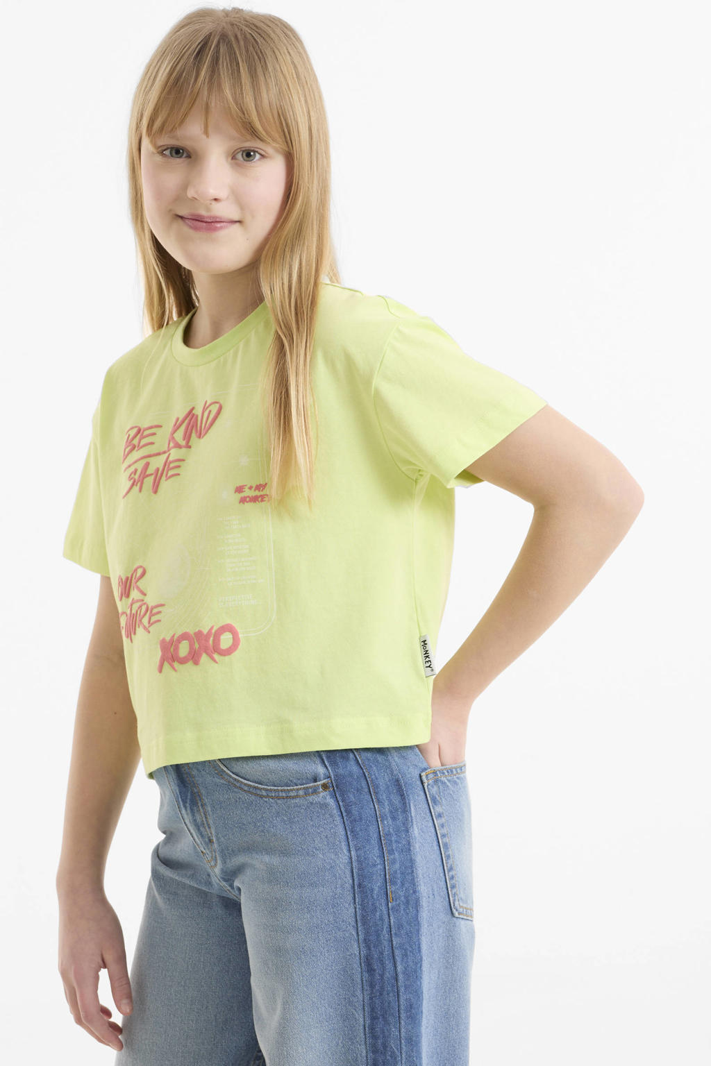 Limegroene meisjes Me & My Monkey boxy T-shirt groen van katoen met printopdruk en korte mouwen