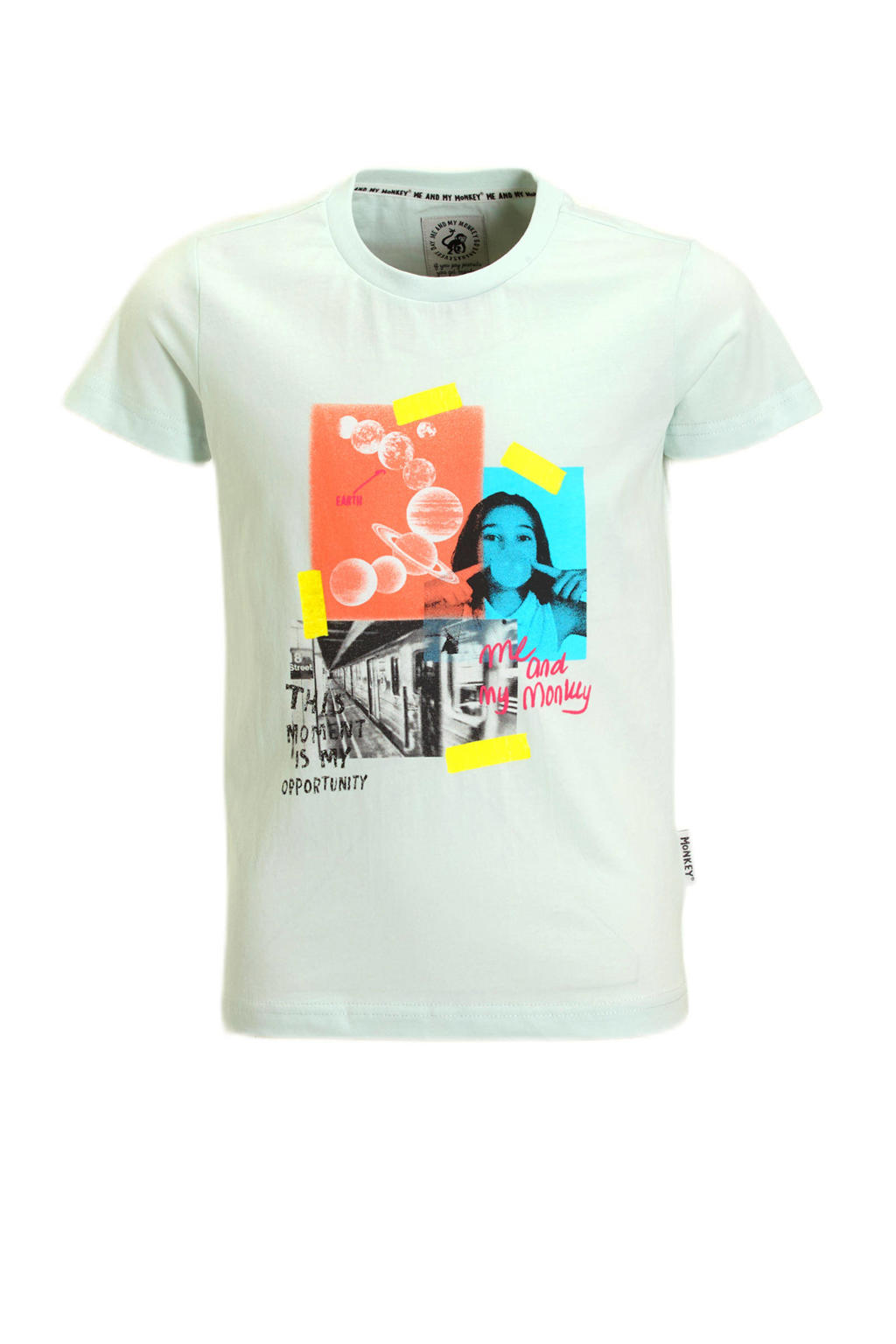 Lichtblauwe meisjes Me & My Monkey T-shirt van katoen met printopdruk, korte mouwen en ronde hals