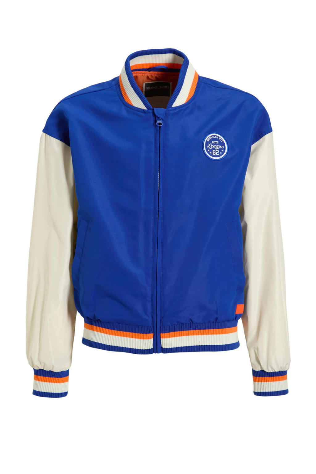 Blauwe jongens Orange Stars baseball jacket van polyester met lange mouwen, ronde hals en drukknoopsluiting