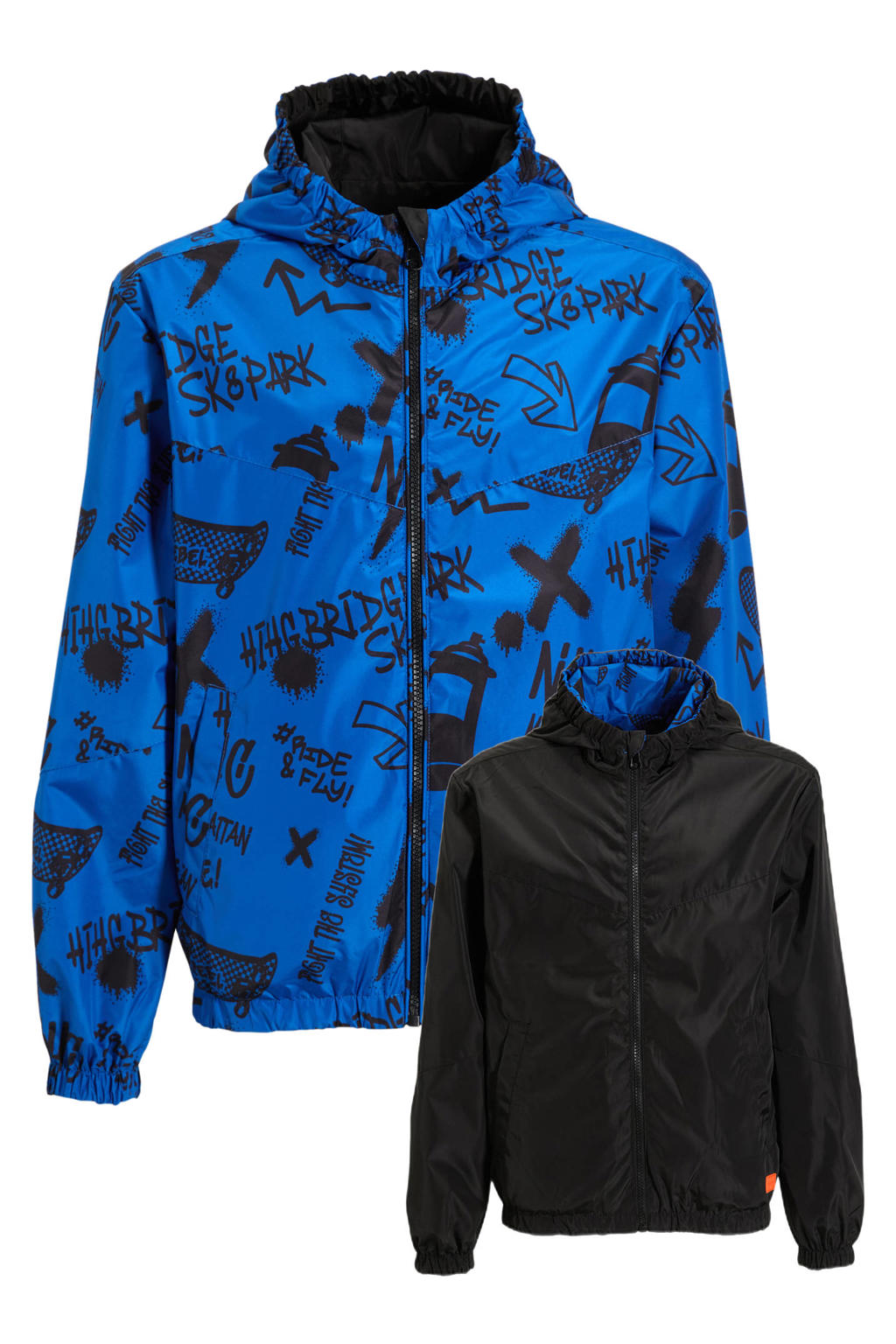 Blauwe jongens Orange Stars reversible jacket van polyester met lange mouwen, capuchon en ritssluiting