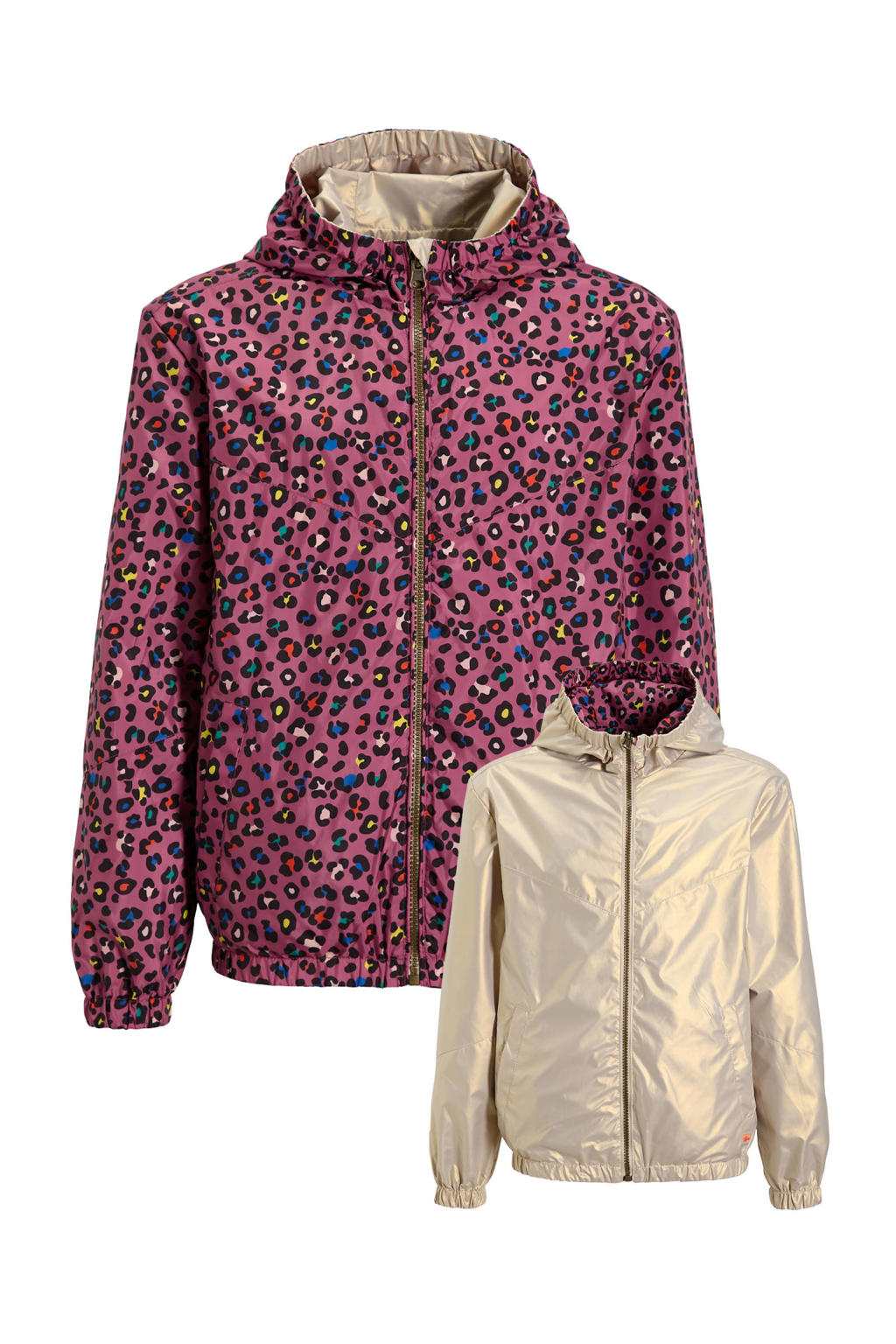 Roze en gouden meisjes Orange Stars reversible jas van polyester met dierenprint, lange mouwen, capuchon en ritssluiting