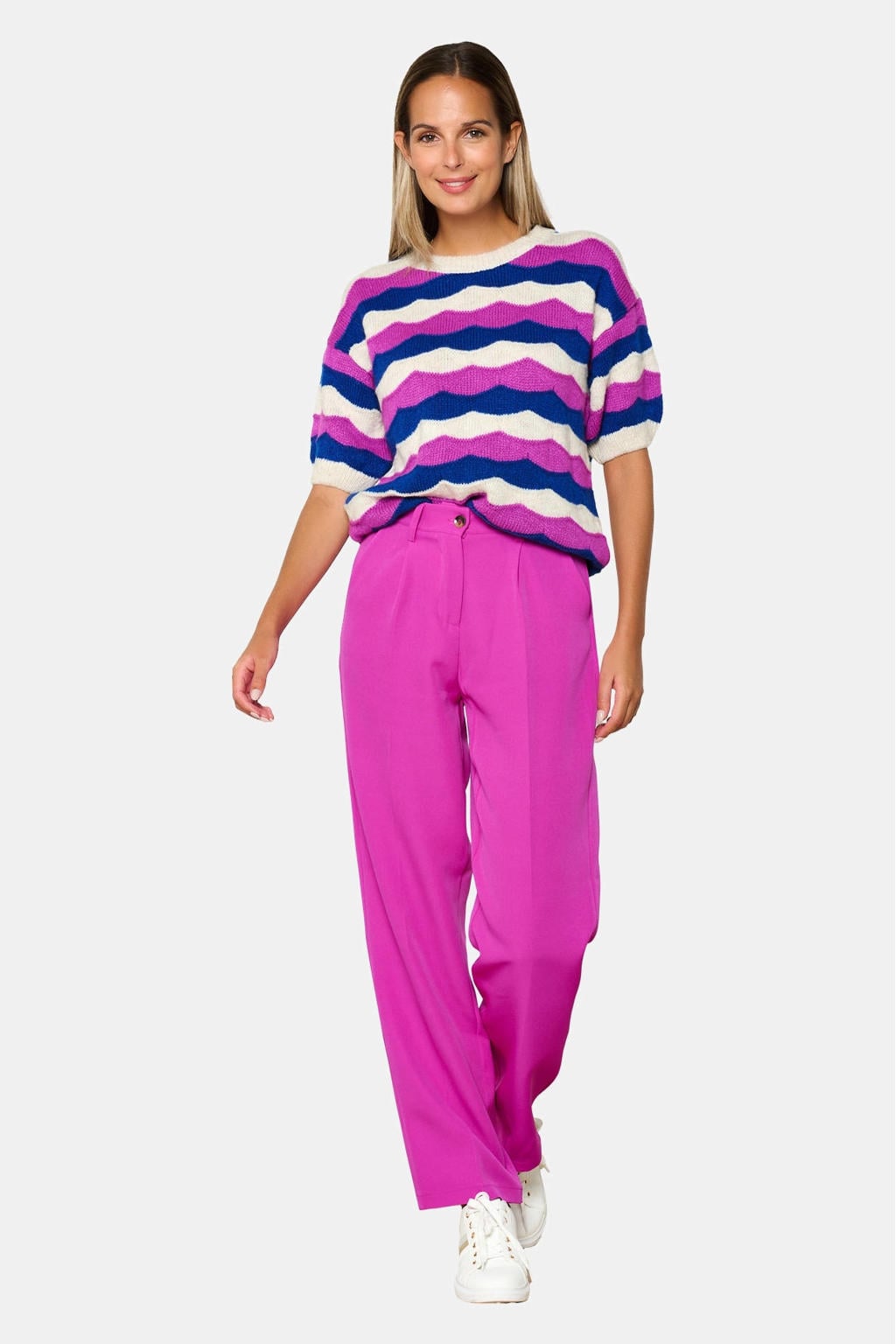 Roze dames LOLALIZA wide leg broek met rits- en knoopsluiting en effen