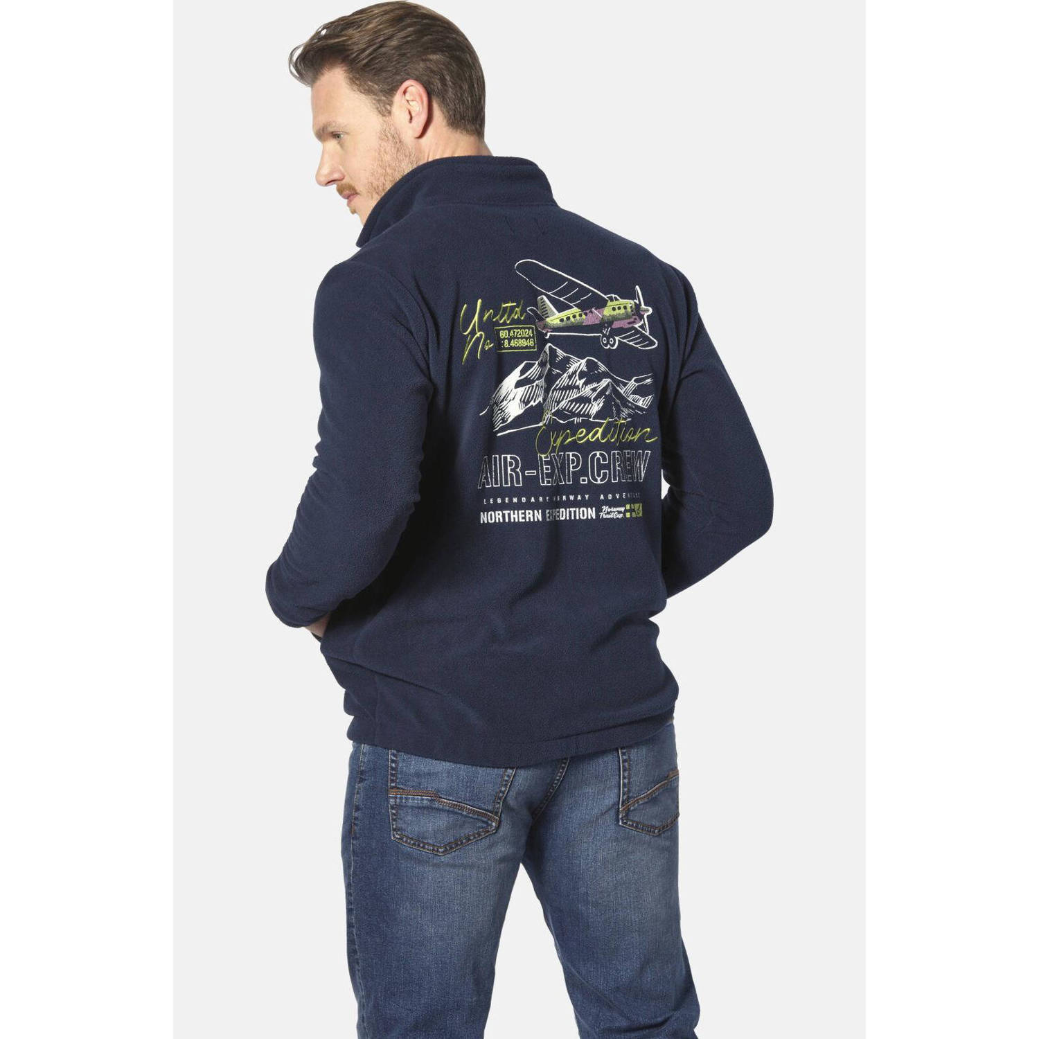 Jan Vanderstorm +FIT Collectie fleece vest TERJE Plus Size met backprint en borduursels donkerblauw