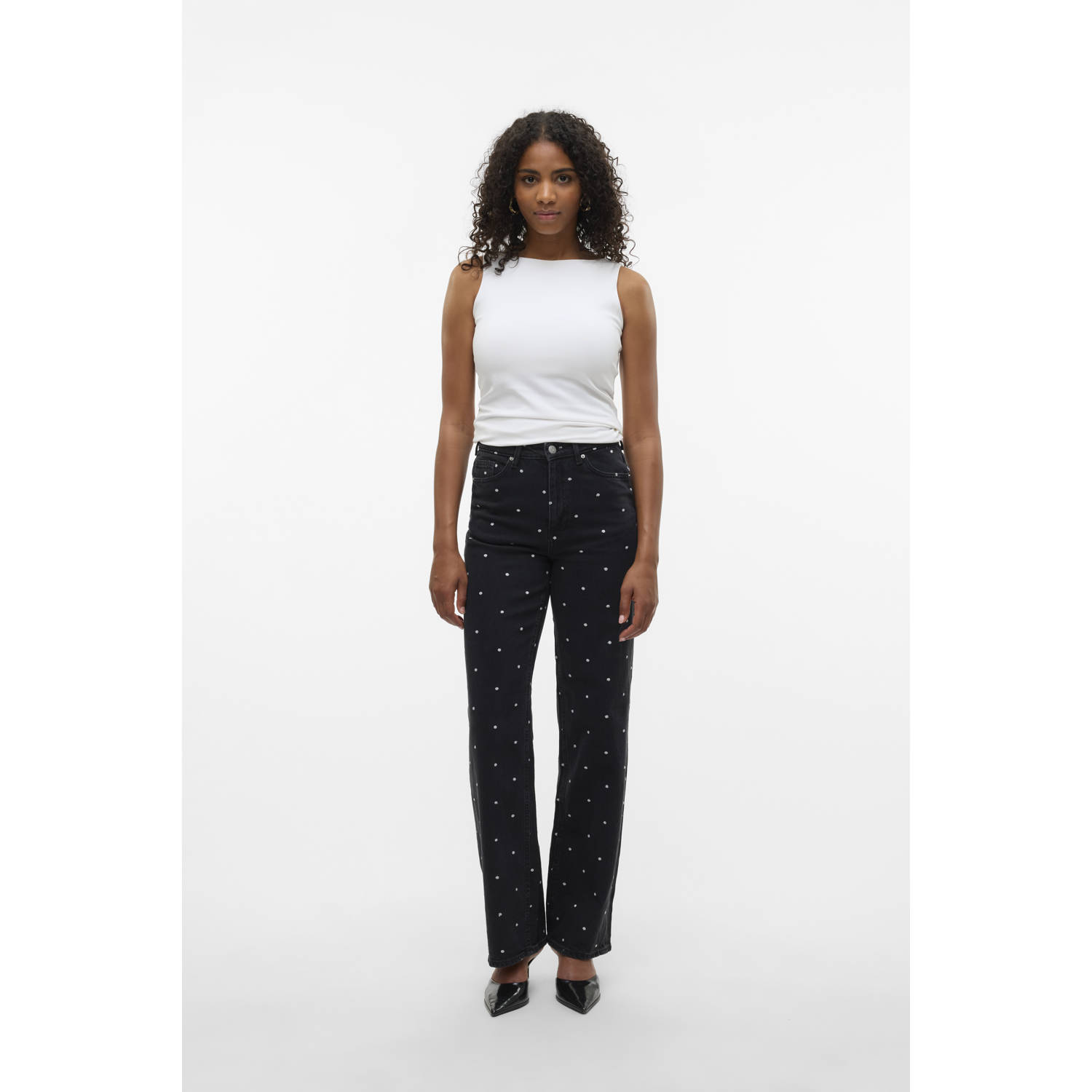 VERO MODA high waist wide leg jeans VMTESSA met stippen en borduursels black denim