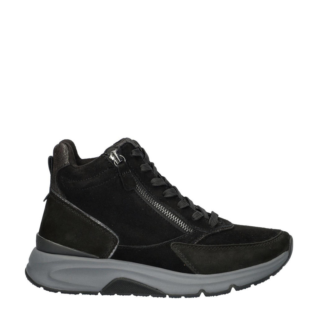 Zwarte dames Gabor Rolling Soft suède sneakers met rits- en vetersluiting