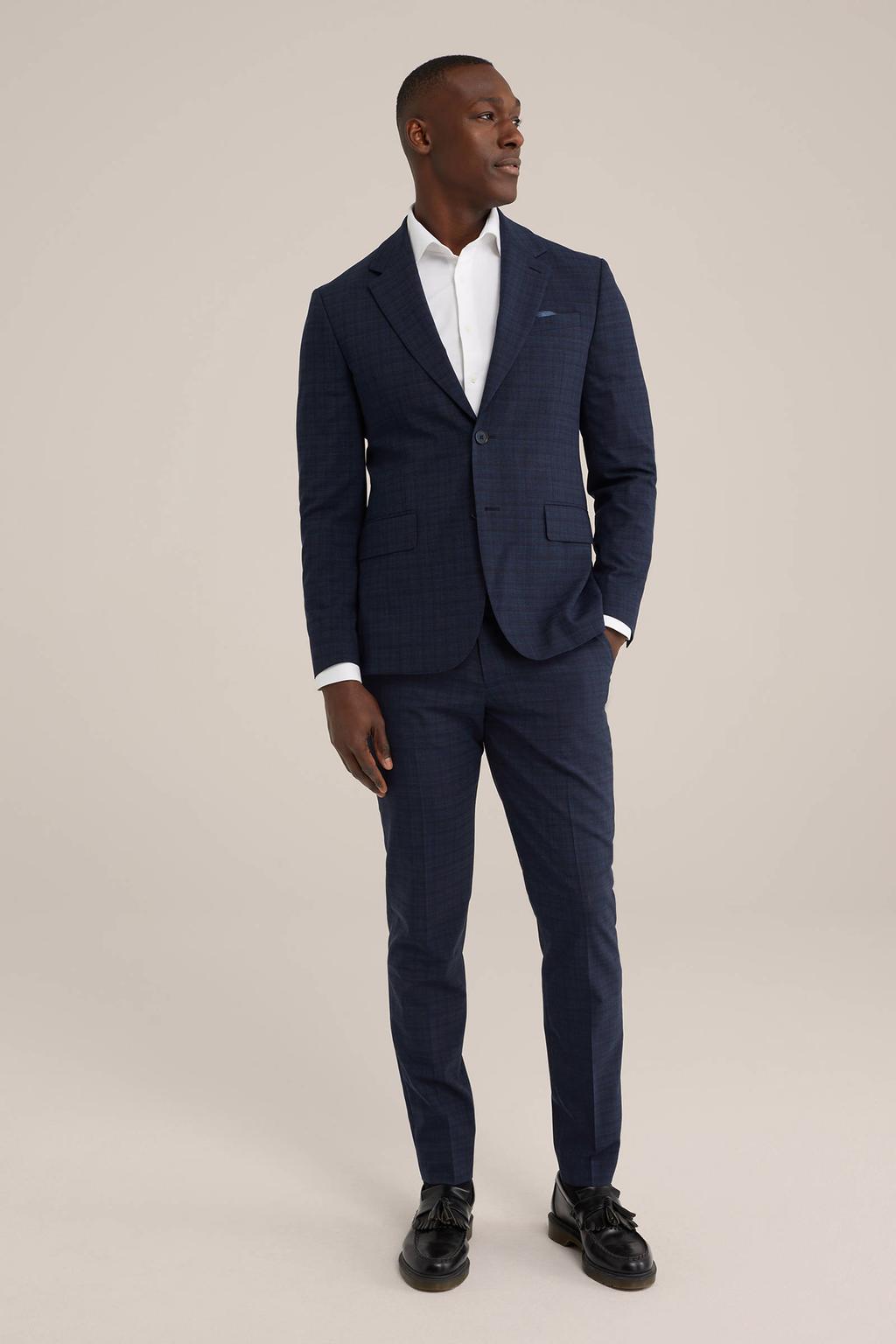 Donkerblauwe heren WE Fashion geruit colbert met reverskraag en knoopsluiting