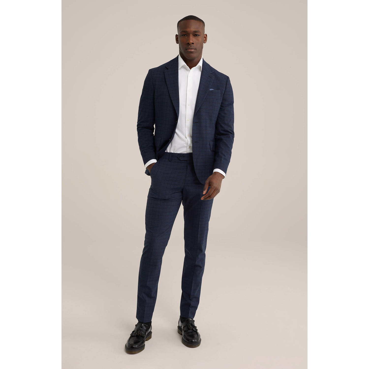 WE Fashion geruite slim fit pantalon met wol heavy blue