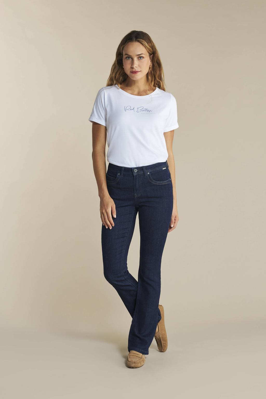 Dark blue denim dames Red Button high waist flared jeans Babette dark blue van denim met rits- en knoopsluiting en effen