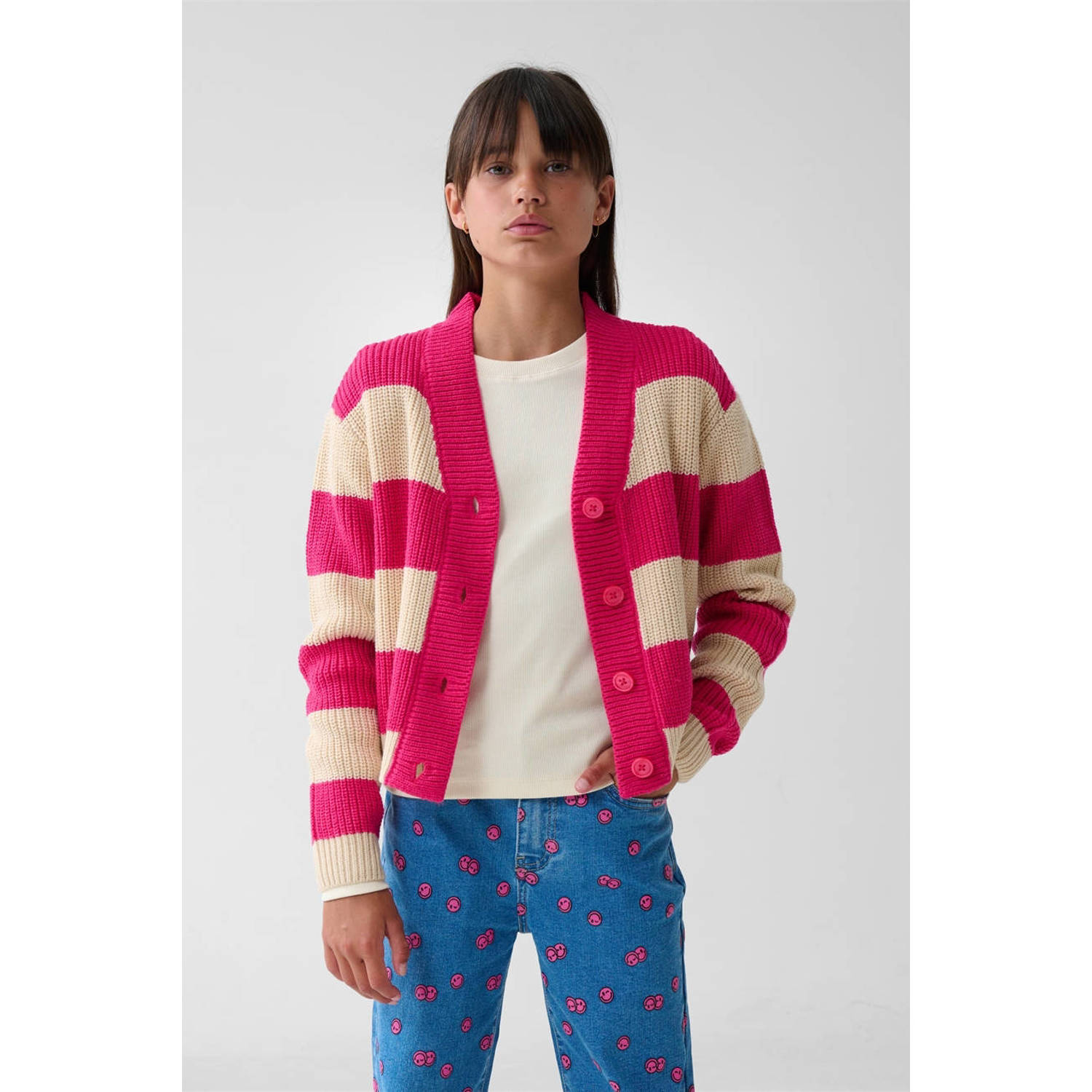 Shoeby gestreept vest roze ecru