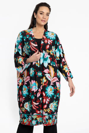 kimono met all over print zwart/blauw/oranje