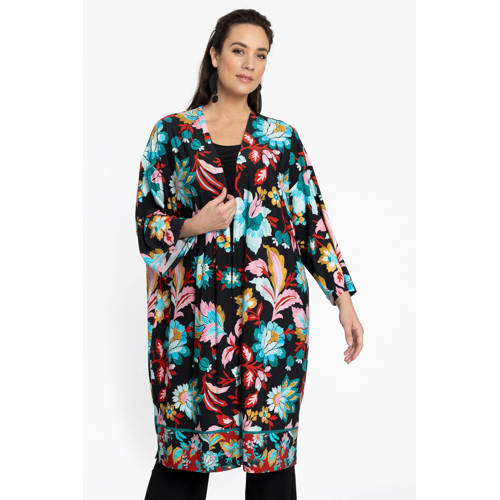 YOEK kimono met all over print zwart/blauw/oranje afbeelding