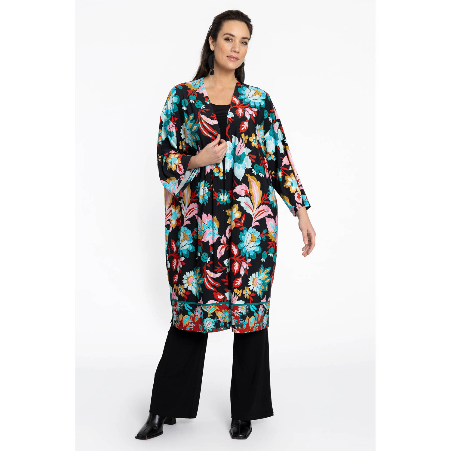YOEK kimono met all over print zwart blauw oranje