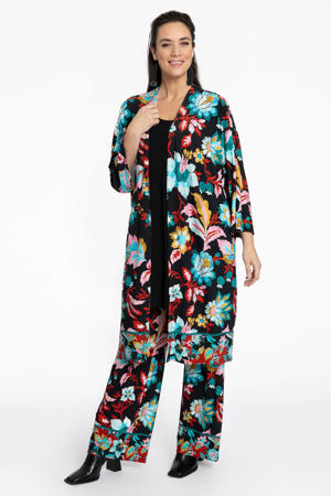 gebloemde loose fit broek zwart/blauw/oranje