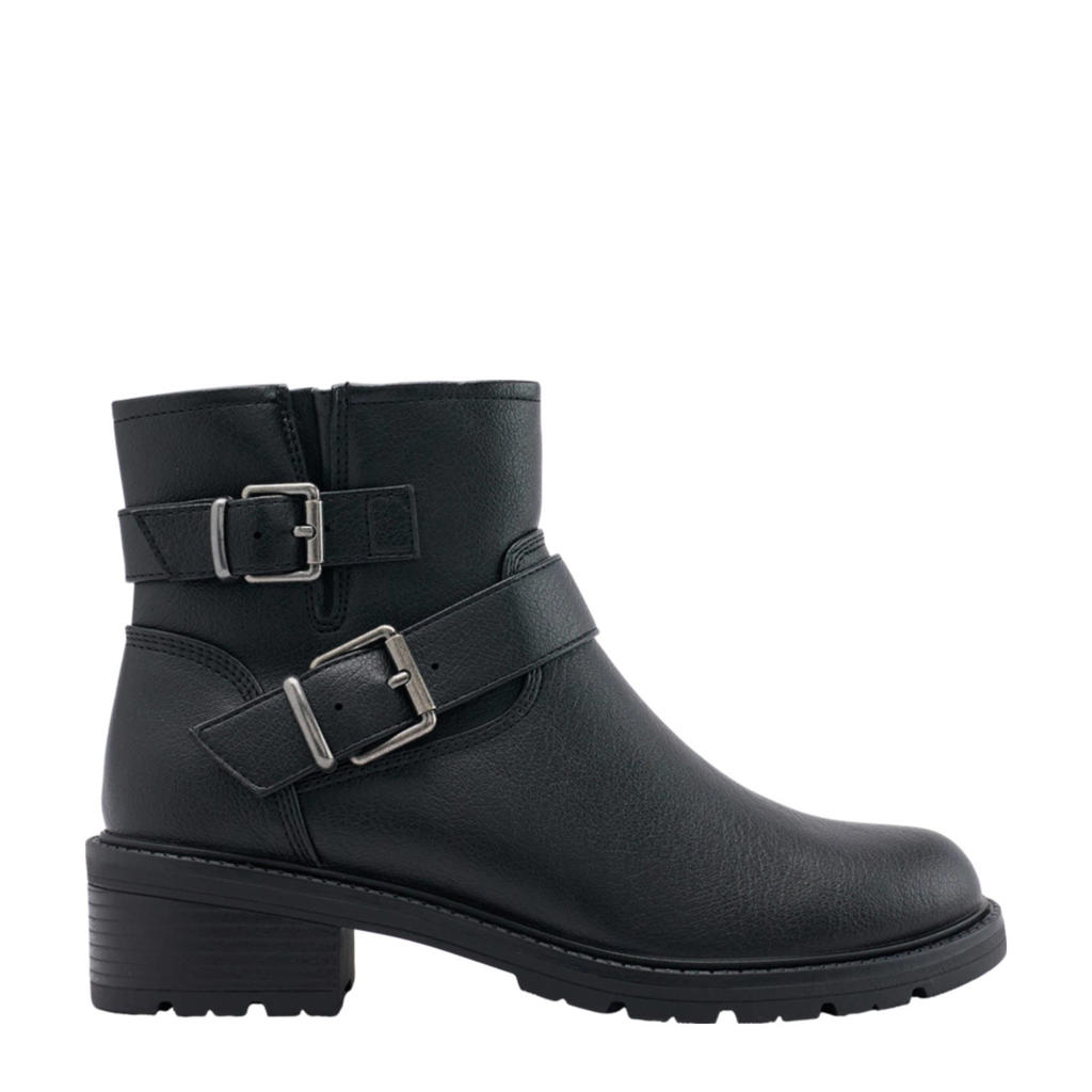 Zwarte dames Graceland bikerboots van imitatieleer met profielzool, ritssluiting en effen