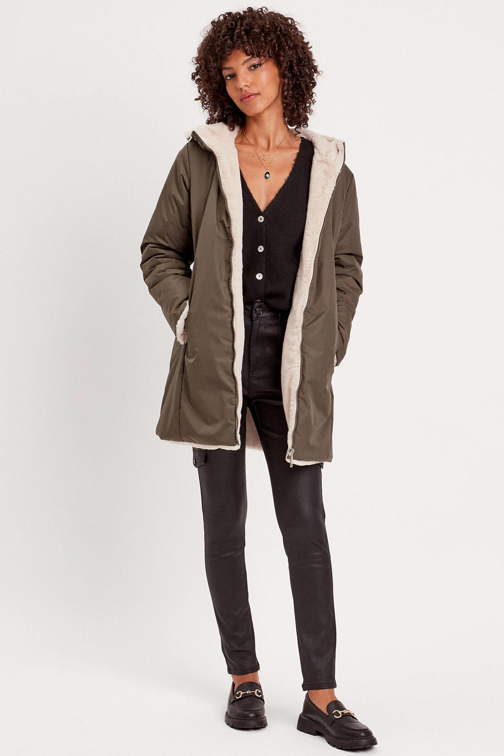 Donkergroene dames Cache Cache reversible jas van polyamide met effen, lange mouwen, capuchon, ritssluiting en teddy detail