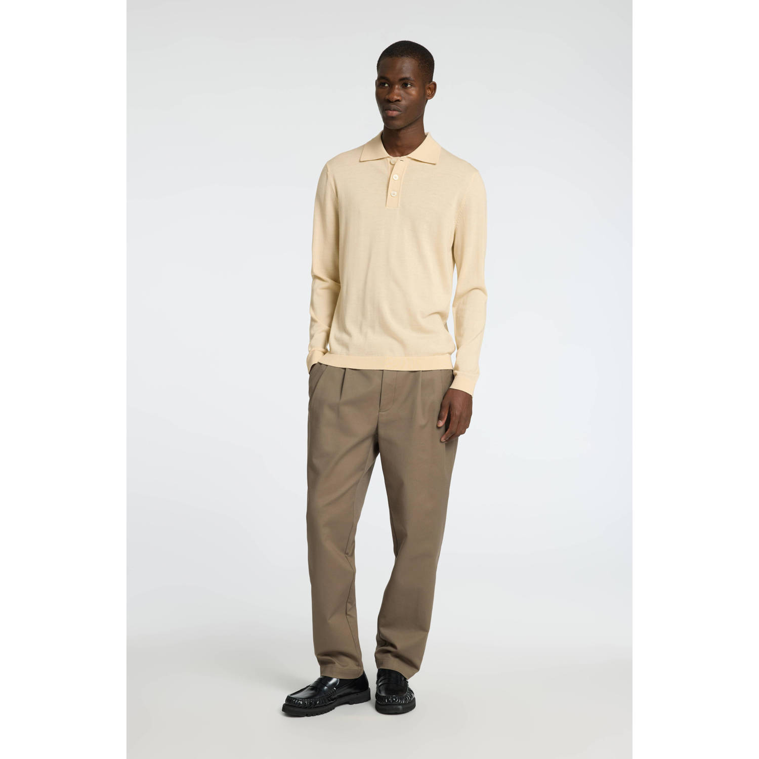 SELECTED HOMME fijngebreide polo SLHTRAY van merinowol ecru