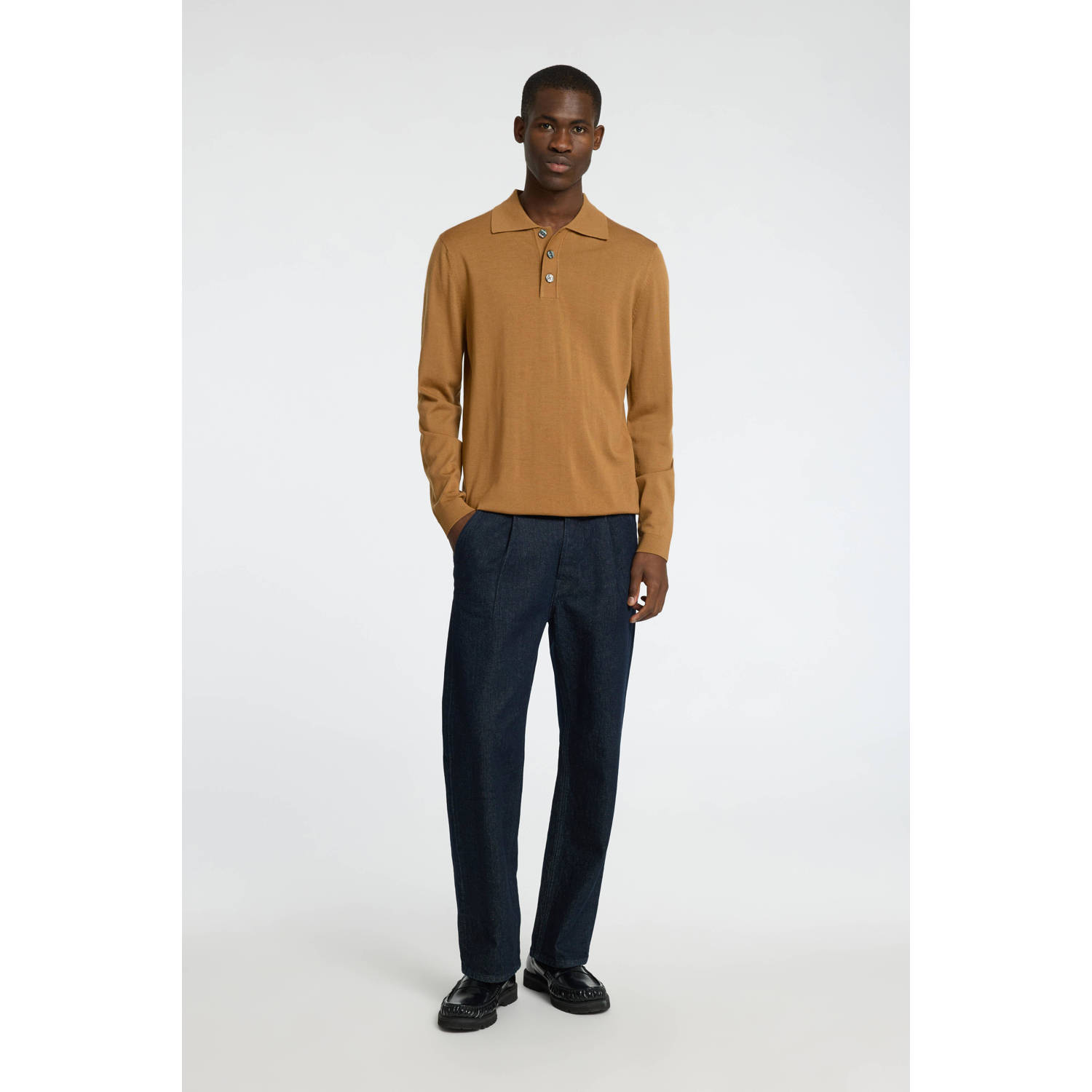 SELECTED HOMME fijngebreide polo SLHTRAY van merinowol bruin