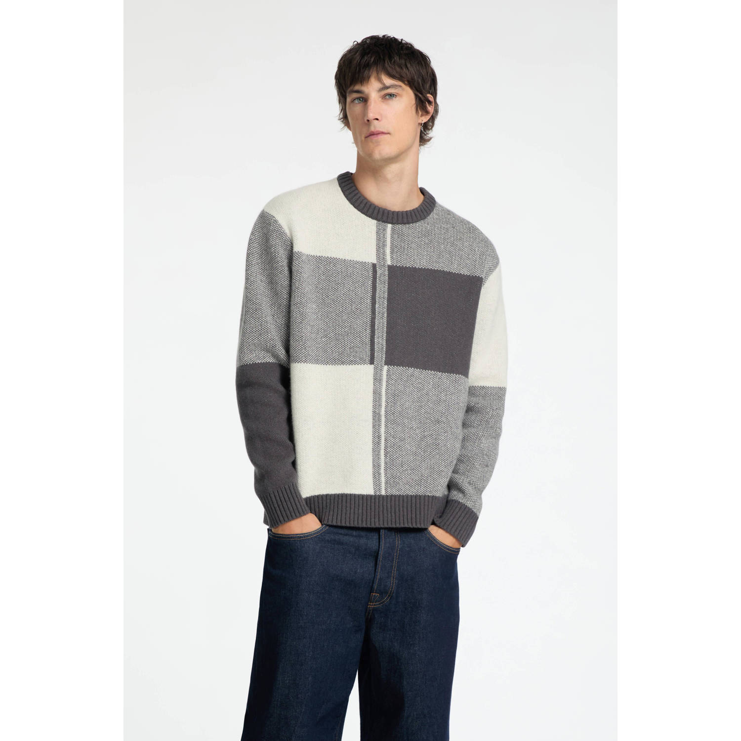 Selected Homme Grijze trui met abstract ruitpatroon Gray Heren