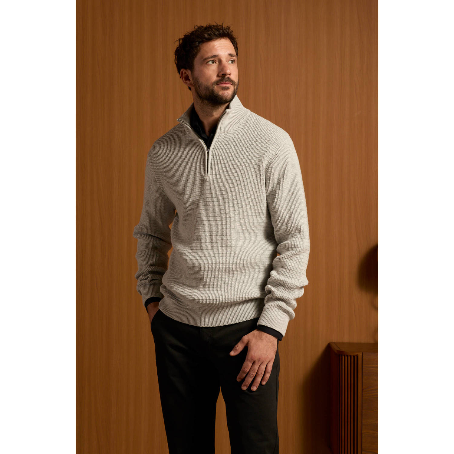 SELECTED HOMME gebreide trui SLHTHEO lichtgrijs