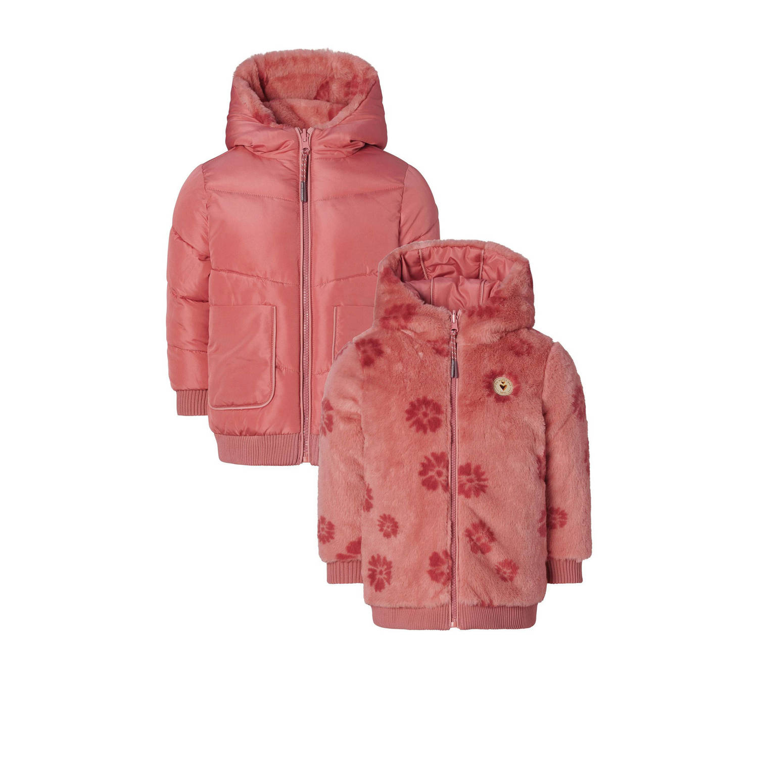 Noppies kids reversible imitatiebont winterjas Jishou met all over print roze
