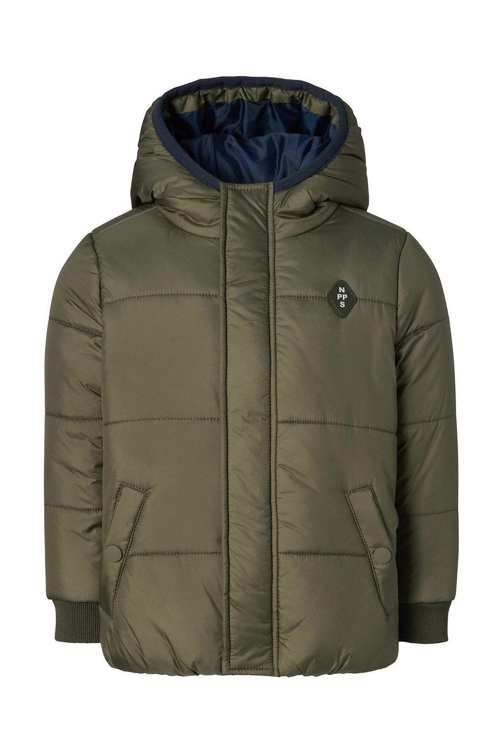 Groene jongens Noppies kids gewatteerde winterjas Hunstville van polyester met effen, lange mouwen, capuchon, rits- en drukknoopsluiting en doorgestikte details