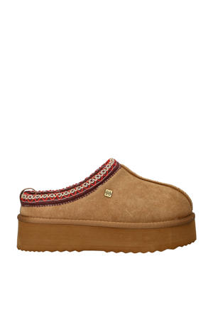 suède pantoffels cognac