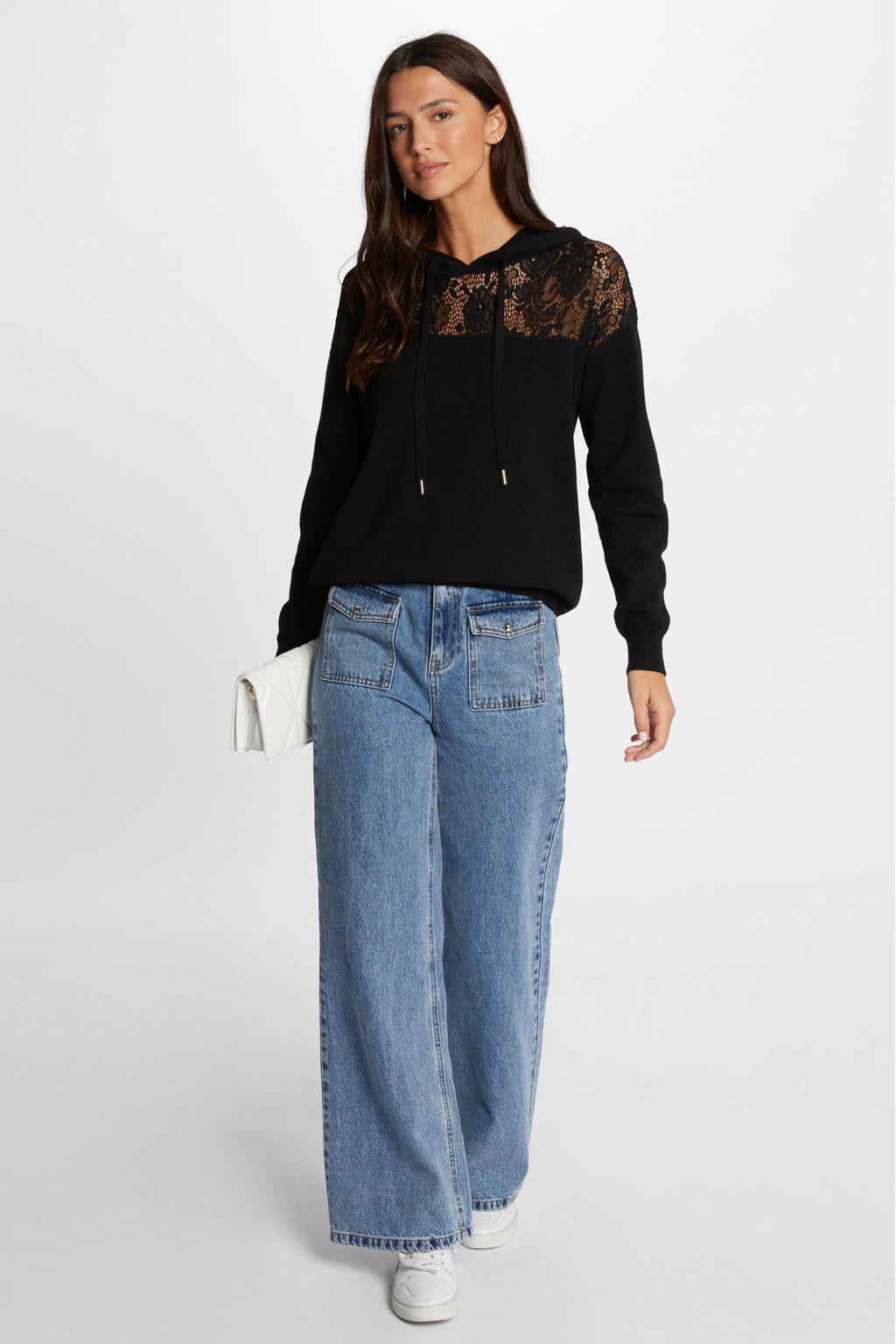 Zwarte dames Morgan hoodie van viscose met effen, lange mouwen en capuchon