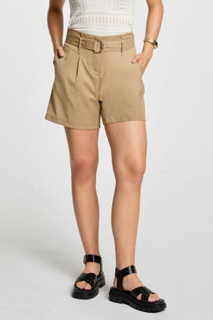 high waist straight fit short met krijtstreep beige