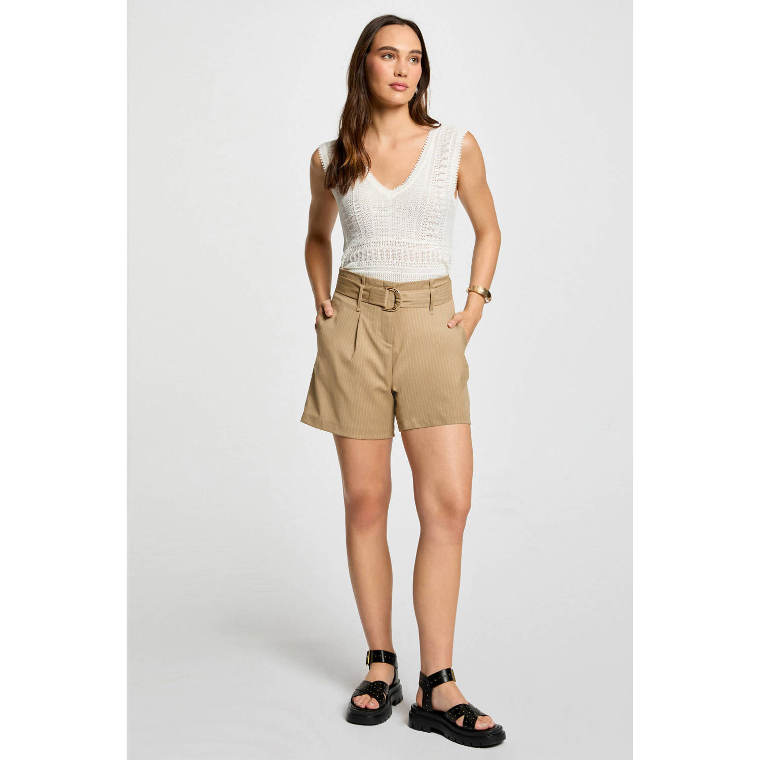 Morgan high waist straight fit short met krijtstreep beige