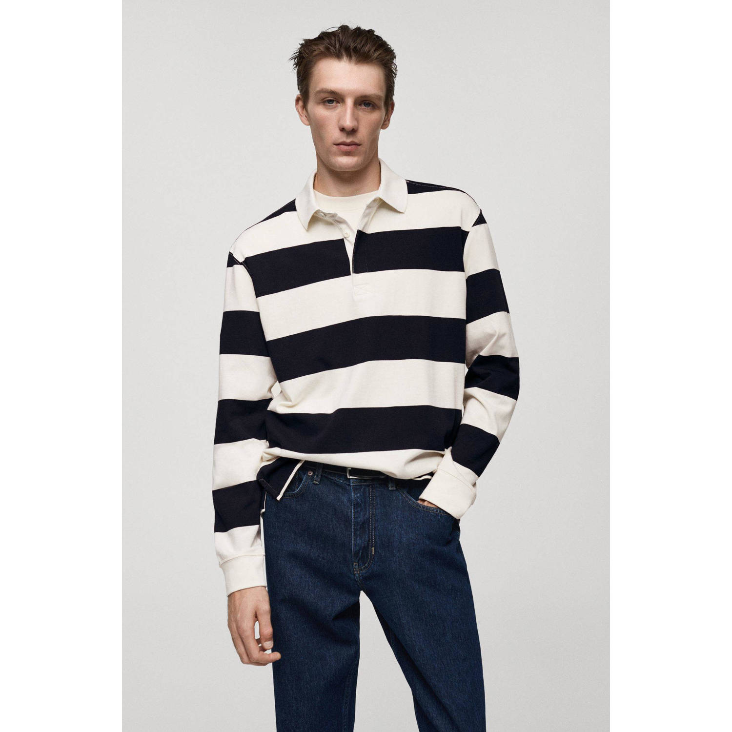 Mango Man gestreepte polo donkerblauw