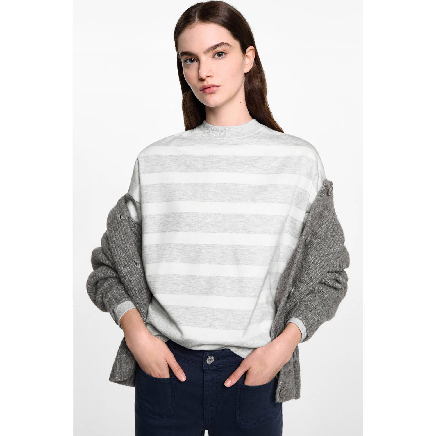 MANGO TEEN gestreepte sweater lichtgrijs melange wit